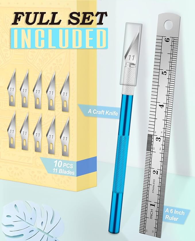 DIYSELF Craft Knife with 10 Extra #11 Blades, Precision Hobby Knife Set with Steel Ruler, Exacto Knife for Crafting, Polymer Clay, Pottery, Paper, Vinyl, Stencil & Model Making (Blue)