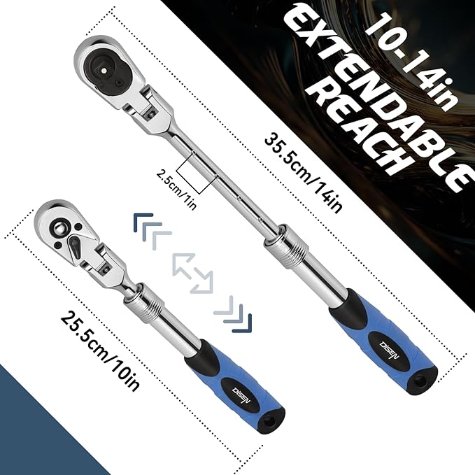 DISEN 3/8" Drive Extendable Ratchet,72-Tooth Flex-Head Ratchet Wrench with Quick Release Locking，Soft-Grip with Reversible Switch,Full-Polished Chrome Plating