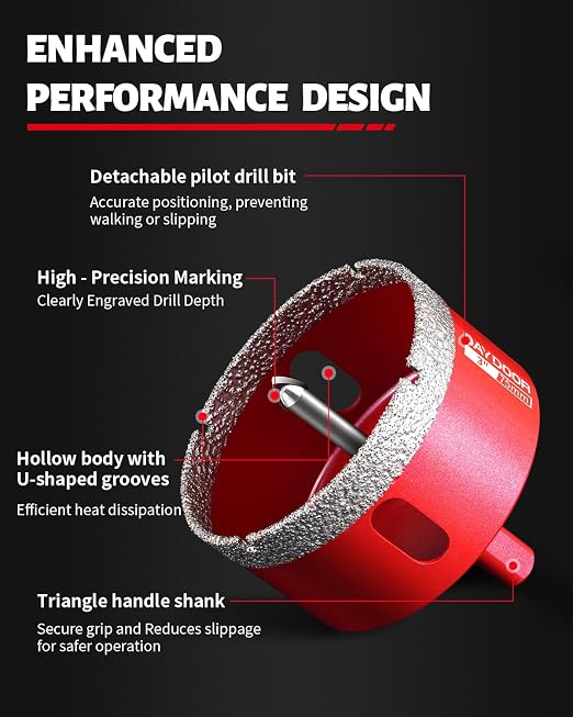 DAYDOOR 3" Diamond Hole Saw Bit with Pilot Drill Bit -1pc 75mm Diamond Tile Hole Saw with Guiding Bit for Porcelain Tile Ceramic Pottery Granite Stone Glass Bottles(3/8" Triangle Shank)