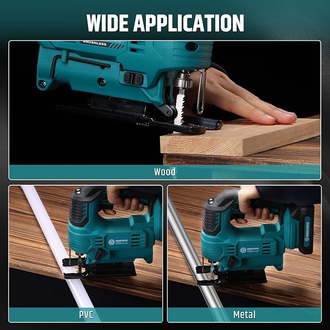 Cordless Jig Saw with Brushless Motor, 3 Adjustable Speed Settings, 45°-90° Cutting Angle, Compatible with T-Shaped Blades, Includes Dust Blowing Feature (Tool Only)