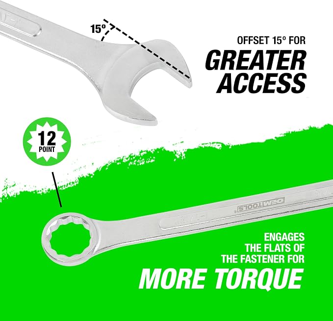 OEMTOOLS 6-PC 12 Pt. SAE Jumbo Combination Wrench Set 1-1/16" to 1-7/16" | Chrome Plated Finish Box End Wrenches, 15° Offset, Includes Canvas Wrench Roll, Drop-Forged Alloy Steel