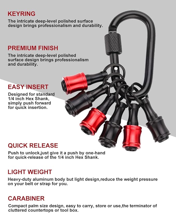 katerk 6pcs Red&Black Bit Holder with Carabiner Socket for Mens Gift, 1/4 inch Hex Shank Aluminum Alloy Screwdriver Bit Holders, Quick Release Easy Change Impact Driver Drill Bit Keychain Extension