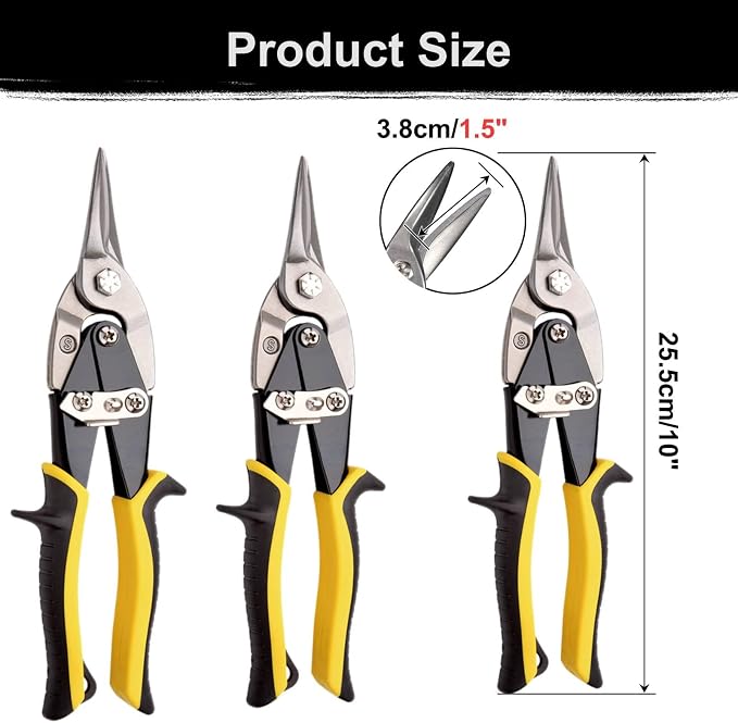 Aviation Tin Snips 3-Piece,Straight Heavy Duty Tin Cutting Shears,Metal Cutters With Comfort Grips and Safety Latch