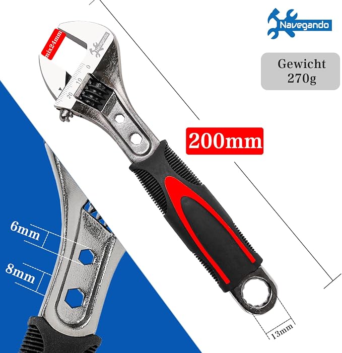 Navegando 8 Inch Adjustable Wrench, High Carbon Steel, Non-Slip Grip | Drop Forged High Carbon Steel 8 Inch Adjustable Wrench, 6-24mm Jaw Opening, Non-Slip Grip for Home DIY & Daily Repair