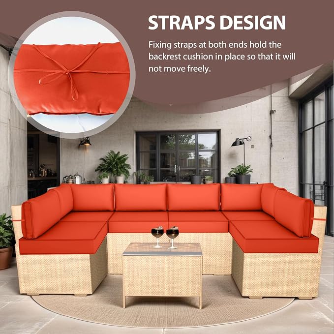 14 Piece Outdoor Furniture Replacement Cushions, Cover+Filling, 25.6" x 25.6" x 4" Foam Waterproof Outdoor Sofa Cushion Sets, Fit Wicker Rattan Sectional Conversation Set, Orange