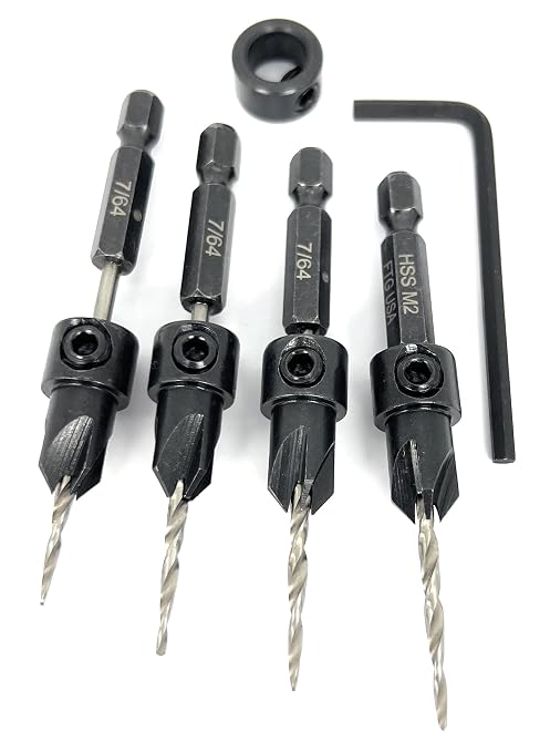 FTG USA Countersink Drill Bit Set 4 Pc #4 (7/64") Wood Bit, Tapered Bit, Stop Collar, Hex Wrench for Woodworking