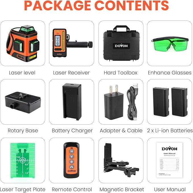 DOVOH Outdoor Laser Level 360 Self Leveling with Receiver, H3-360G-KIT | 400ft Long Range With Detector, High Power, Daylight Use, Green Beam, For Outside, Grading, Construction, Decking, Framing
