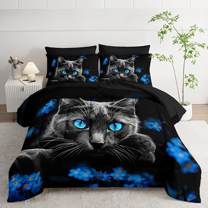 Black Cat Twin Comforter Set with Sheets,Animal Themed Cute Cat Bedding Set for Kids Toddler Girls Boys Room Decor,Blue Floral Bedding with Comforter,Fitted Sheet,Flat Sheet,Pillowcases.