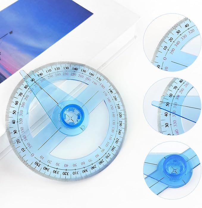 2 PCS 360 Degree Swing Arm Protractor Plastic Circle Protractor Ruler for School Classroom Drafting Angle Measurement