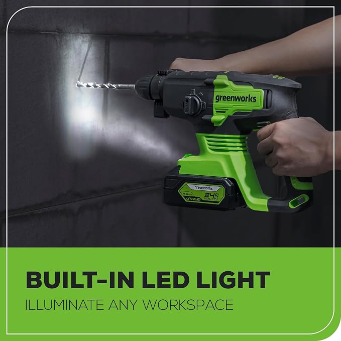 Greenworks 24V Cordless Rotary Hammer, 2.1 Joules, Brushless Motor, 1" SDS Plus Rotary Hammer Drill, 4 Modes, LED Light, 4Ah Battery & Charger Included, Ideal for Concrete, Masonry & Demolition