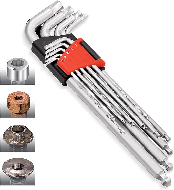 Powerbuilt 9 Piece Metric Hex Key Wrench Set for Damaged Fasteners, Standard, Grip Rusted, Rounded Bolts, Sizes 1.5mm to 10mm, Extra-Long L-Handles with Ball Ends - 240095