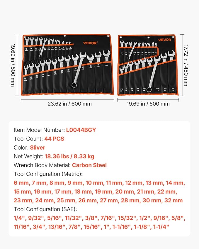 VEVOR Combination Wrench Set, 44-Piece SAE and Metric | 12-Point Box End and 15° Angled Open End, with Roll Up Pouch, General Household and Automotive Repairs