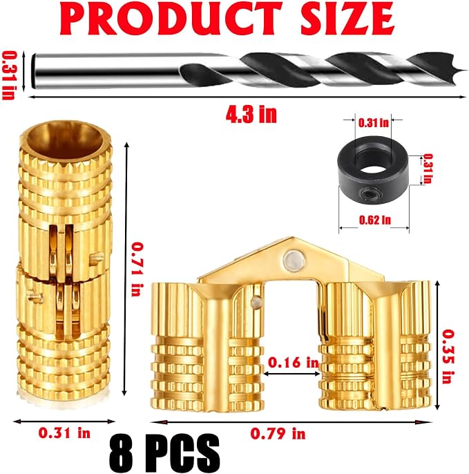 Brass 8mm Hidden Barrel Hinges with Drill Bit and Depth Stop Collar, 180 Degree Concealed Hinges for Wooden Box, Jewelry Box, DIY Crafts, 8 Piece