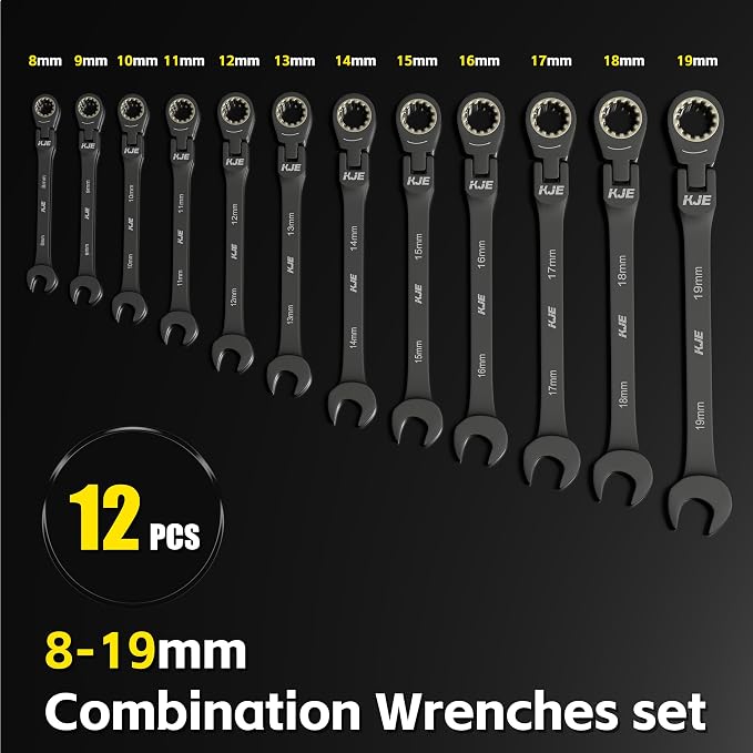 KJE 90-Teeth Metric 180° Flex-Head Ratcheting Wrench Set, Cr-V Steel, 12-Piece Metric 8-19mm Combination Wrenches set, Nickel Plating, with Organizer Bag, for Auto, Machine Repair, Gift