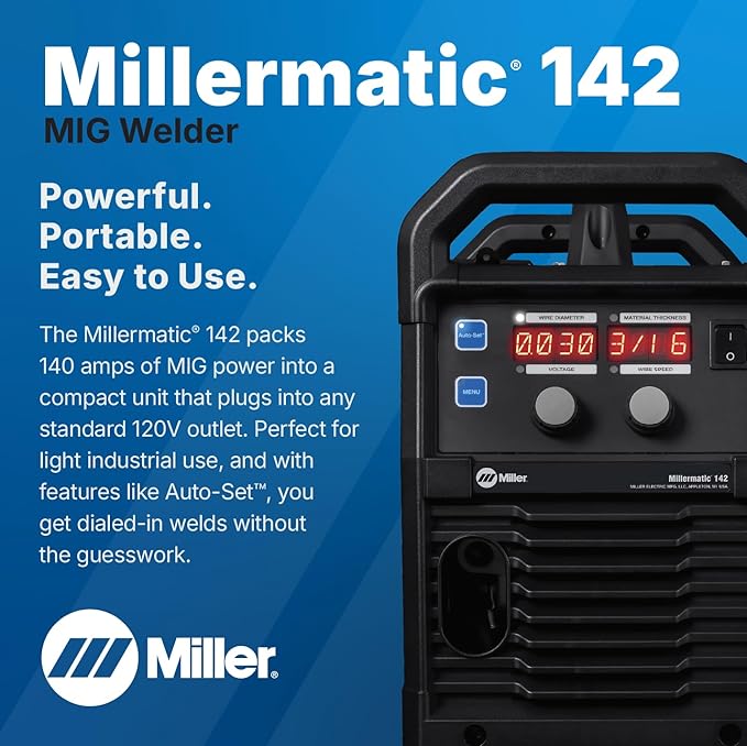 Millermatic® 142 MIG Welder – 120V, Portable Wire Feed Welder with Auto-Set™, Welds Up to 3/16" Steel, Ideal for Auto Repair & Light Fabrication