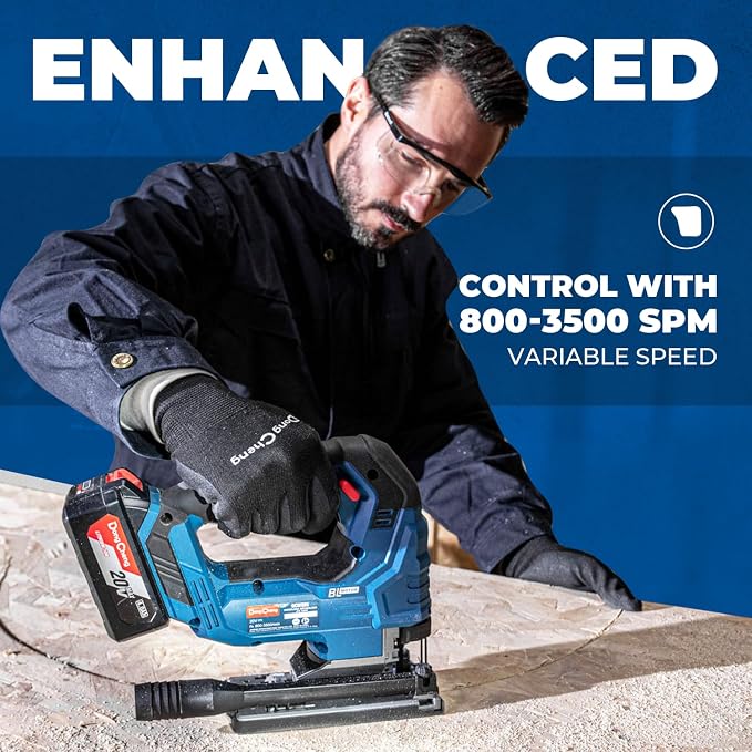 DongCheng 20V Brushless Jigsaw, 800-3500 SPM, 26mm Stroke, 0-45° Bevel | 4Ah Battery & Fast Charger | 6 Blades Kit, Guide Rail, Tool Bag Included for Wood, Metal Cutting