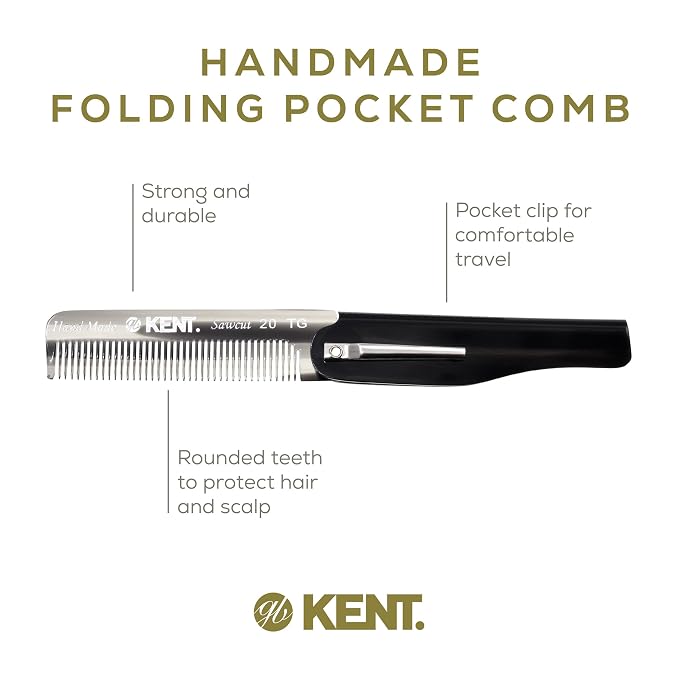 Kent 20T Black Graphite Handmade Folding Pocket Comb for Men, Fine Tooth Hair Comb Straightener for Everyday Grooming Styling Hair, Beard or Mustache, Use Dry or with Balms, Saw Cut, Made in England