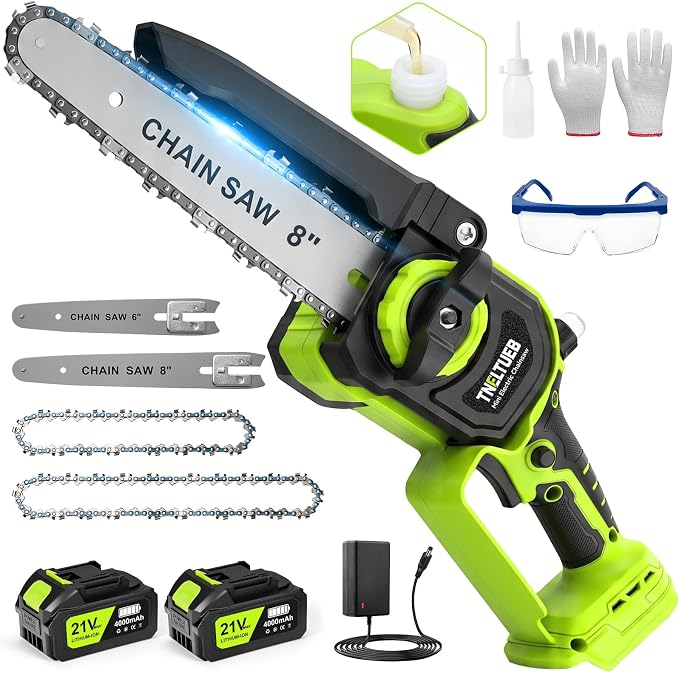 TNELTUEB Mini Chainsaw, 6" & 8" Cordless Electric Chainsaw, 4.0Ah Batteries | 2 Battery Powered Chainsaw, 1000W Brushless Handheld Chainsaw For Tree Trimming, Auto Oiler, Small Chain Saw Gift For Men Dad