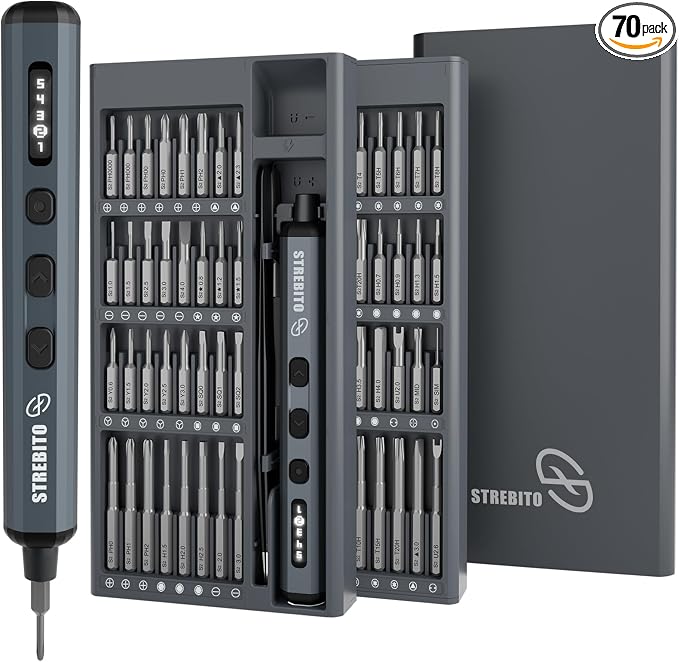 STREBITO Mini Electric Screwdriver Set, 70 in 1 Small Electric Screwdriver - 64 S2 Preicison Bits, 5 Torque Settings, 4 LED Lights, Mini Power Screwdriver Repair Tool Kit for PC Electronic (Upgraded)
