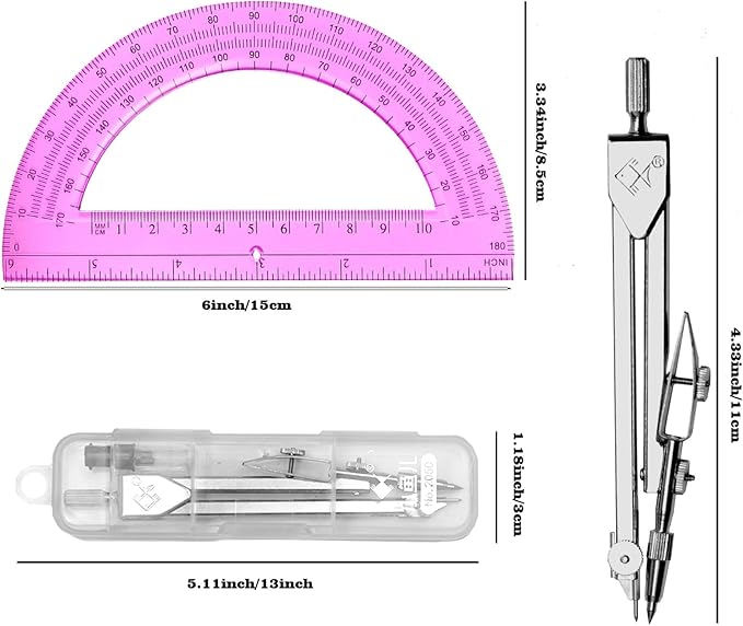 Students Geometry Math Set, Drawing Compass and 6 Inch Transparent Swing arm Protractor 180 Degree Math Protractor (Pink)
