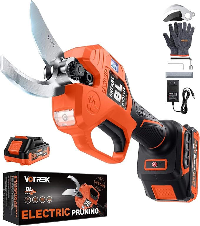 VOTREK® Cordless Electric Pruning Shears, Effort-Saving Power Pruner Cuts Branches up to 1.6", Lightweight with Safety Lock, SK5 Steel Blade, Brushless Motor, Battery Included for Tree Trimming