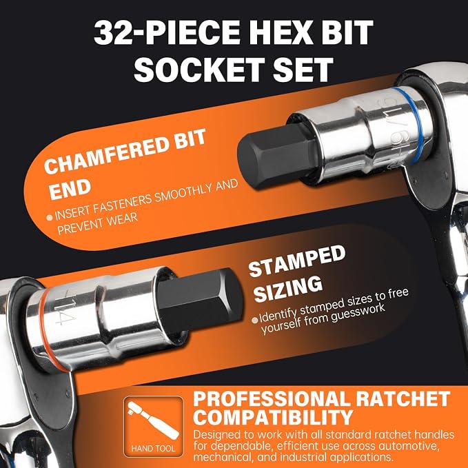 32-Piece Master HEX Bit Socket Set | CR-V, 1/4-1/2 drive, chamfered, chrome+phosphate coated, case labeled, metric 2-19mm, SAE 5/64-3/4