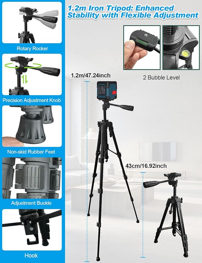 Laser Level, RockSeed Cross Line Laser with Self-Leveling, Vertical and Horizontal Line, Rotatable 360 Degree, Carrying Pouch, Battery Included (Green Laser, 2-Line with 47in Tripod)