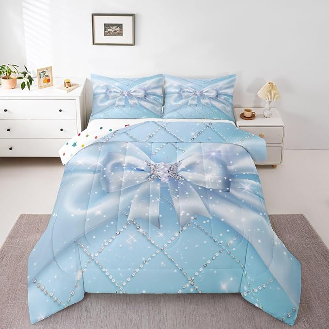 Feelyou Blue Bow Bedding Set Soft for Boys Girls, Glitter Bowknot Comforter Set King Size Princess Duvet Quilt Microfiber Bedroom Decor 3 Pcs with 2 Pillow Cases
