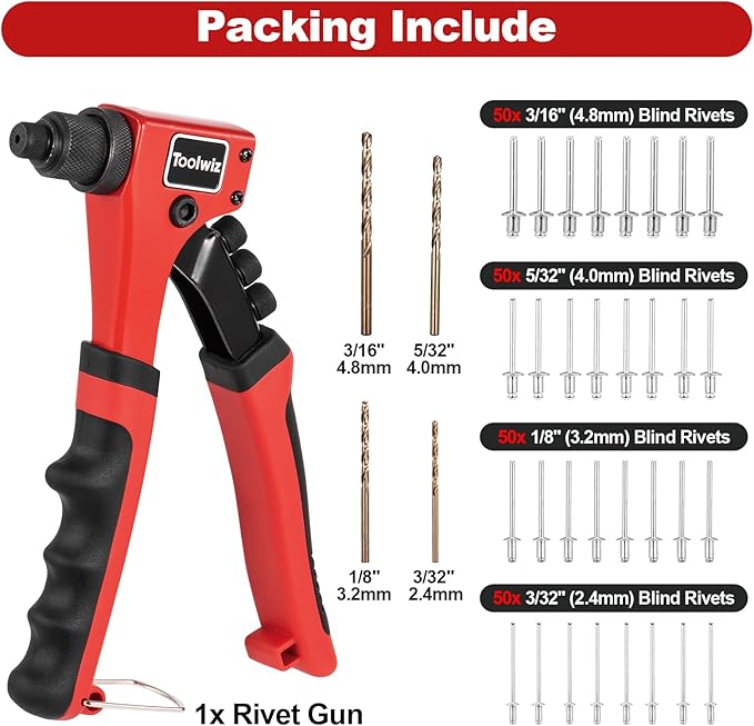Toolwiz Rivet Gun One-Handed Rivet Gun Kit with 200pcs Rivets, 4pcs Tool-Free Interchangeable Heads and 4pcs Drill Bits - Heavy Duty Hand Riveter for Metal, Wood, Plastic, Leather, Fabric