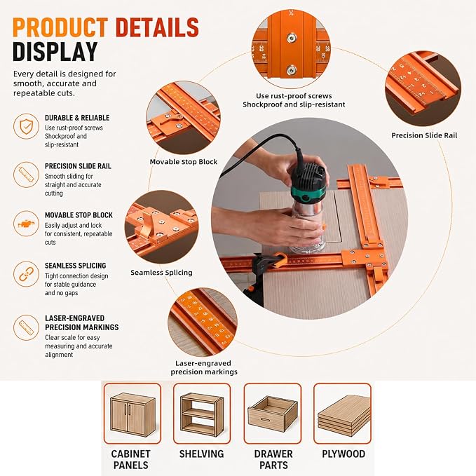 50-Inch Circular Saw Guide Rail Kit, Track Saw Guide for Straight & 90° Cross Cuts, No Special Saw Base Required, Aluminum Alloy Saw Guide Rail for Plywood, MDF and Cabinet Panels
