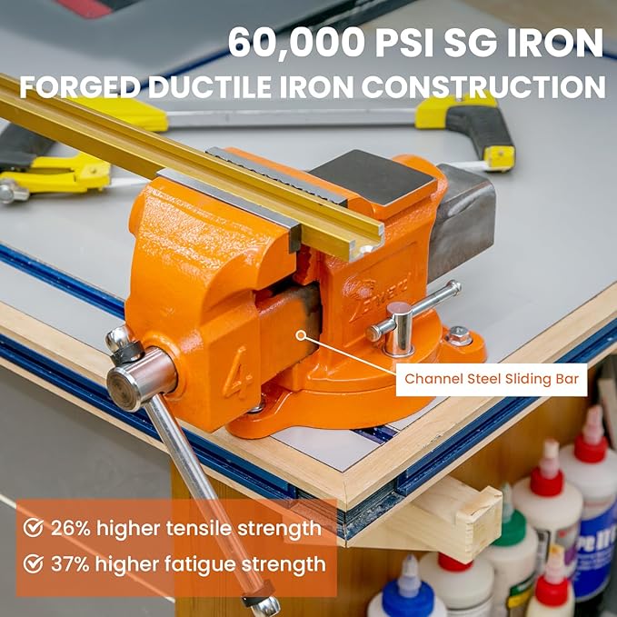 Forward Bench Vise 6 Inch Ductile Iron Bench Vice with 360 Degree Swivel Base and Channel Steel Guide Bar 30606 (6")