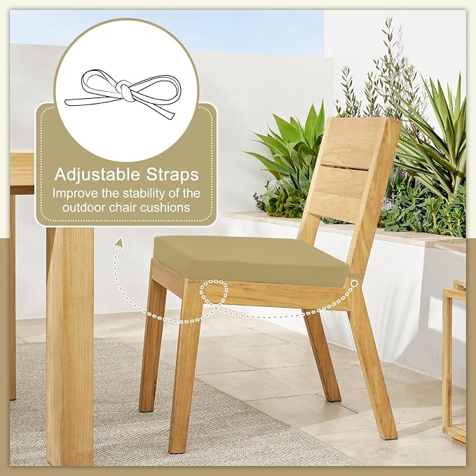Cozyide Outdoor Chair Cushions, Waterproof Patio Seat Cushions with Adjustable Straps, Square Corner Patio Chair Cushions for Garden, Khaki, 18.5x16x3 Inch (Pack of 4)