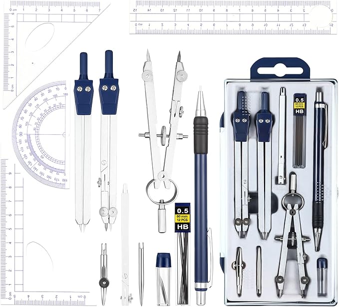 Outus 13 Pcs Geometry Set for Students Math Protractor Compass with Rulers Mechanical Pencil Lead Refills Storage Box of Protractors Kit for School Class Student Drafting Drawing