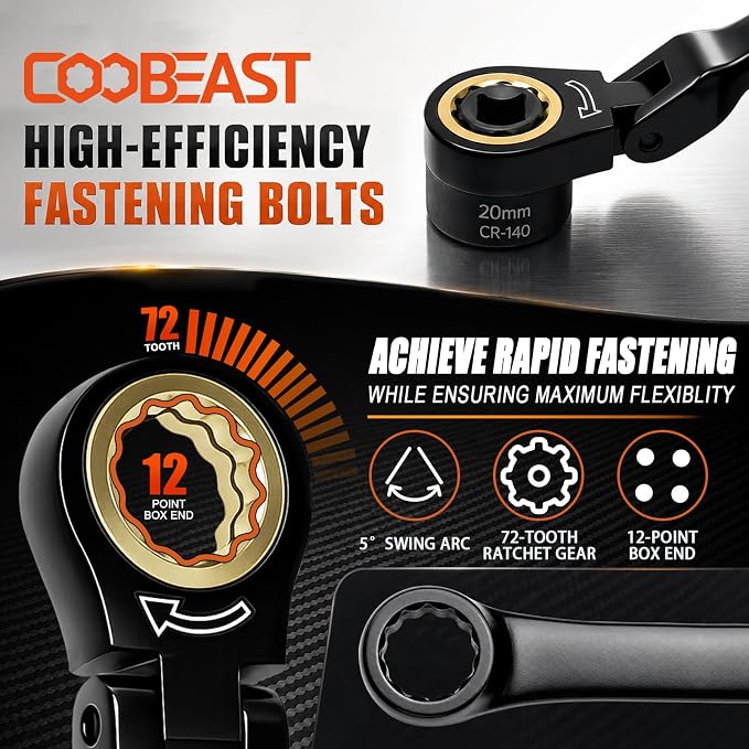 Flex Head Ratcheting Wrench Set 19-in-1, 6-24mm CR-V Steel Metric Wrench | Pass Through Flex Head for Tight Spaces, 16.6" Labor-Saving Long Handle, 72Tooth 180° Swivel Tool for Auto & Household DIY