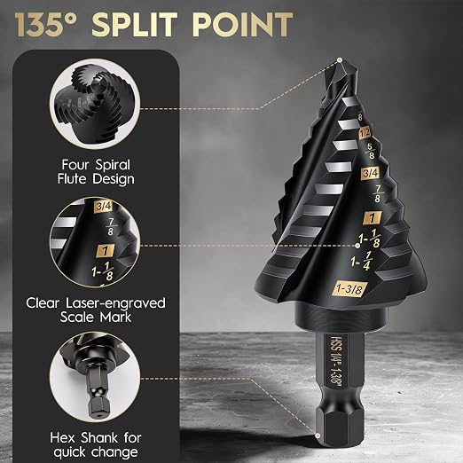 5PCS Titanium Step Drill Bit - Four Spiral Flute HSS Step Bit, 50 Sizes from 3/16" to 1-3/8", Steps Bits for Metal, Aluminum, Wood & Plastic, for Electricians & DIY