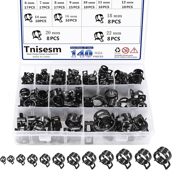 Tnisesm 140 Pcs 12Values 6-22mm Spring Hose Clamp Assortment Kits Silicone Vacuum Hose Action Low Pressure Air Clip Clamp Hoses Clamps sleeving(Black)