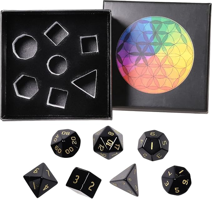 mookaitedecor 7 PCS Obsidian Crystal Polyhedral DND Dice Set, Polished Tumbled Stones Dices for RPG MTG Table Games Home Decoration