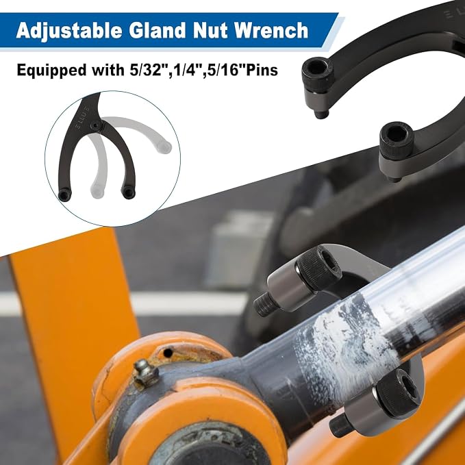 LLU 8.3-inches Heavy Spanner Wrench with Handle, Adjustable Gland Nut Wrench for Removing Hydraulic Cylinder Glands Under 5 Inches, Includes 5/32", 1/4", 5/16" Pins, Gloves, and Towel
