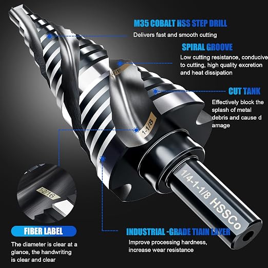 Four Spiral Flute M35 Step Drill Bit Set 1/4" - 1-1/8”(15 Sizes), 3/8" Shank for Metal Step Drill bit, Impact Resistant Cobalt Step Drill Bit, for Stainless Steel, Wood, Aluminum, Plastic