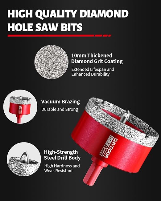 DAYDOOR 2-1/2" Diamond Hole Saw Bit with Pilot Drill Bit -1pc 65mm Diamond Tile Hole Saw with Guiding Bit for Porcelain Tile Ceramic Pottery Granite Stone Glass Bottles(3/8" Triangle Shank)