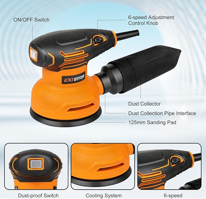 5" Orbital Sander,300W Electric Sander 5000-12000OPM Variable Speeds with 20Pcs Sandpapers,Power Orbital Sanders for Woodworking and Sanding with Vacuum Dust Collector