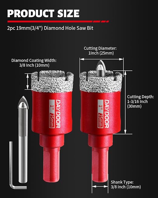 DAYDOOR 1" Diamond Hole Saw Bits with Pilot Drill Bit-2pcs 25mm Diamond Tile Hole Saw with Guiding Bit for Porcelain Tile Ceramic Pottery Granite Stone Glass Bottles(3/8" Triangle Shank)
