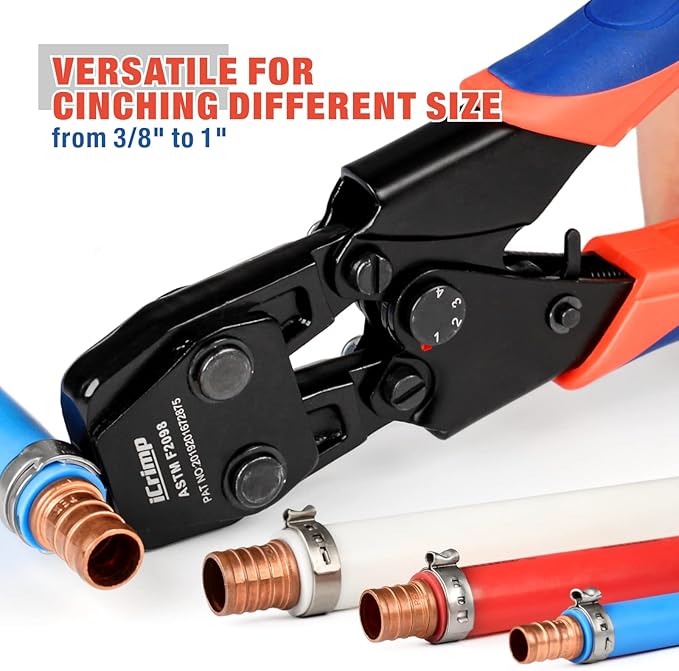 iCrimp PEX Pipe Quick Cinch Tool Set for Stainless Steel Clamp from 3/8-inch to 1-inch with Pex Cutter, 20pcs 1/2-inch and 10pcs 3/4-inch Stainless Steel Clamps included