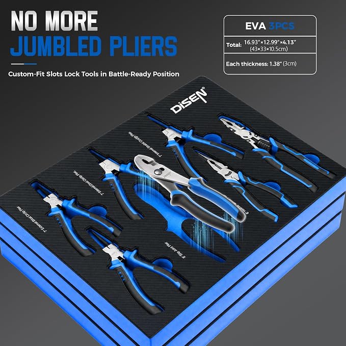 DISEN Pliers Set, 25-Piece Full Assortment of Plier with EVA Storage, Versatile Pliers Tool Set Includes Groove Joint, Needle Nose, Slip Joint, Diagonal, Locking, Wire Stripper, Circlip, and C-Clamp