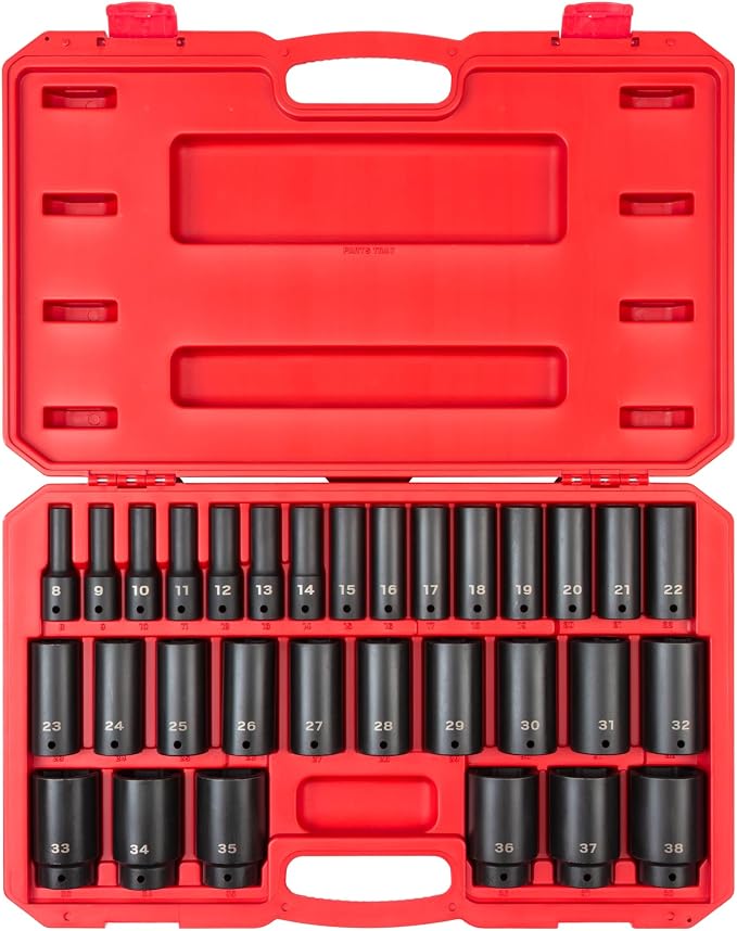 TEKTON 1/2 Inch Drive Impact Socket Set, 31-Piece | SID92335 | (8 - 38 mm), Deep, 6-Point, Case