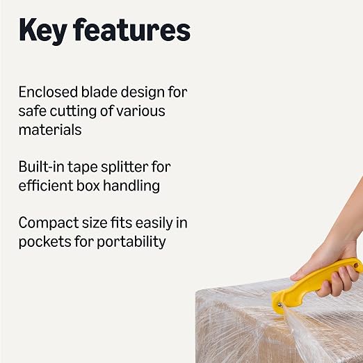Amazon Basics Film Safety Cutter, Concealed Stainless Steel Blade with Tape Splitter for Boxes, Packages, Shrink Wrap, Compact Size, Yellow, 1-Pack