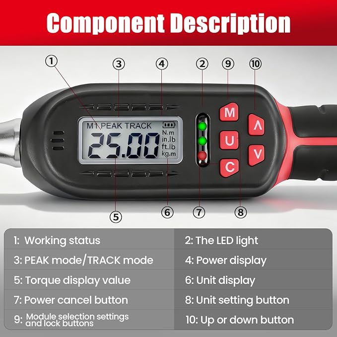 Adjustable Digital Torque Wrench 5-100 ft.lb/6.8-135 N.m | Electronic Torque Wrench with 42 mm Open End, 2% Accuracy, LED Buzzer Alert, for HVAC