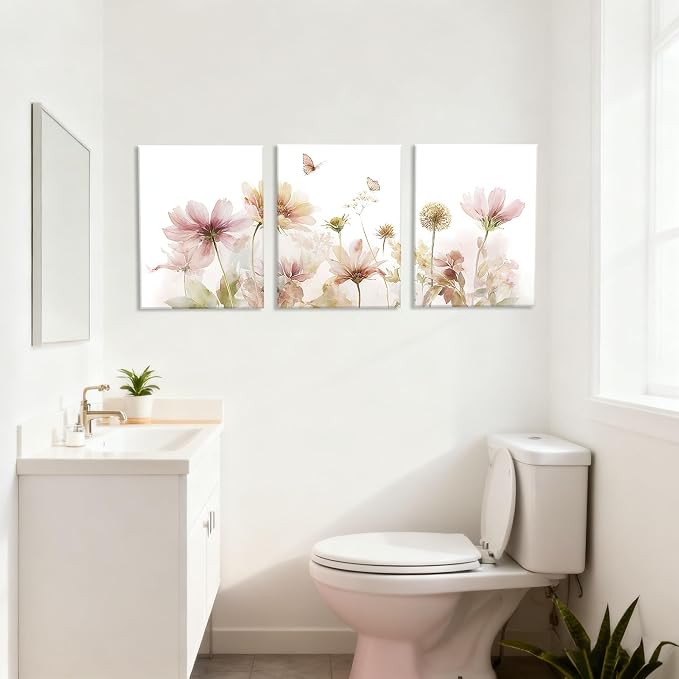 Frimeeme Pink and Green Wall Art,Large Boho Canvas Pint Set of 3，Pink And Green Abstract Leaves Wall Art Abstract Geometry Canvas Prints Ready to Hang, 12x16 Inches