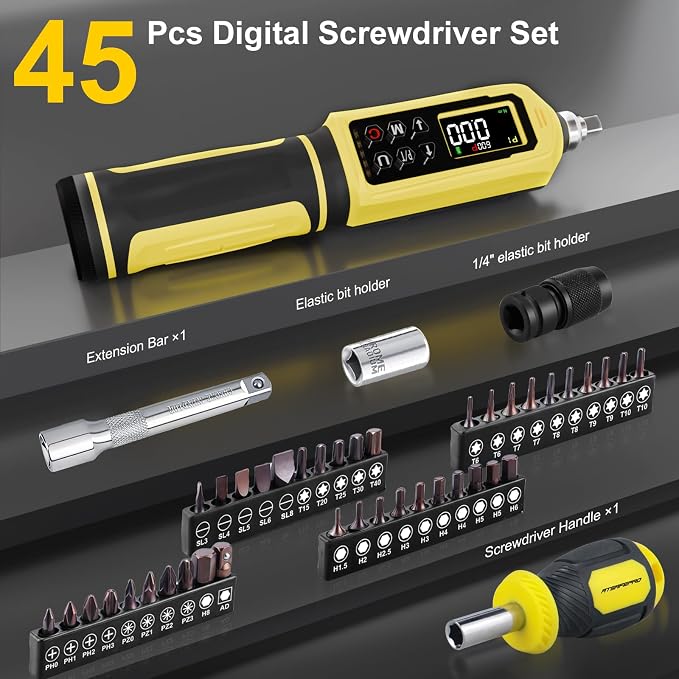 ATsafepro Digital Torque Screwdriver Set, 0.8-53.1 in-lbs/0.09-6 Nm, 45 PCS 1/4" Inch Pound Torque Wrench Screwdriver with Buzzer, LED Indicator, 9 Preset Modes, ±2% Accuracy for Precision Work