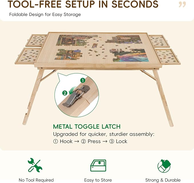 TEAKMAMA 27.6"H 2000Pcs Puzzle Table with Legs,4 Drawers for Adults,Natural | 41" W x 28.5" D Wood Folding Jigsaw Puzzle Board with Protective Cover